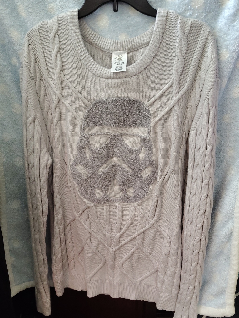 Disney Men’s Crewneck Cable Knit Sweater with Stormtrooper Graphic - Light Gray